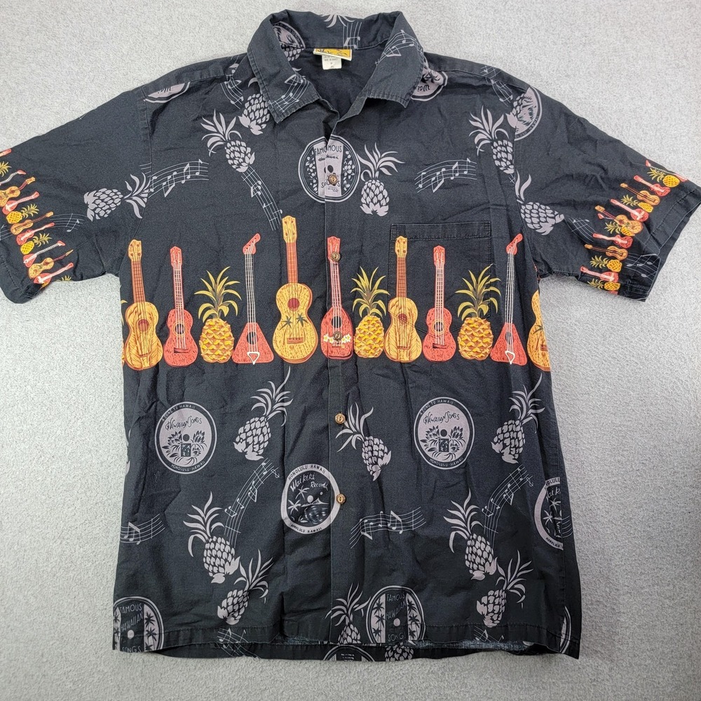 Winnie Fashion Hawaiian Shirt Mens XL Black Guitar Pineapple Made In Hawaii USA